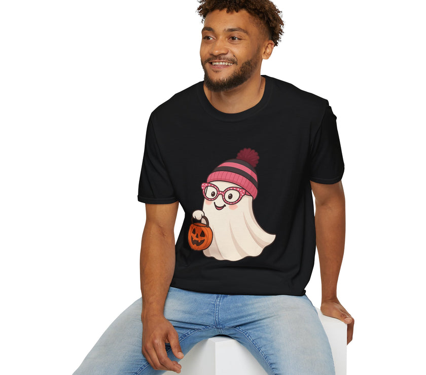 Man wearing a black t-shirt with a ghost design sitting on a white stool against a white background