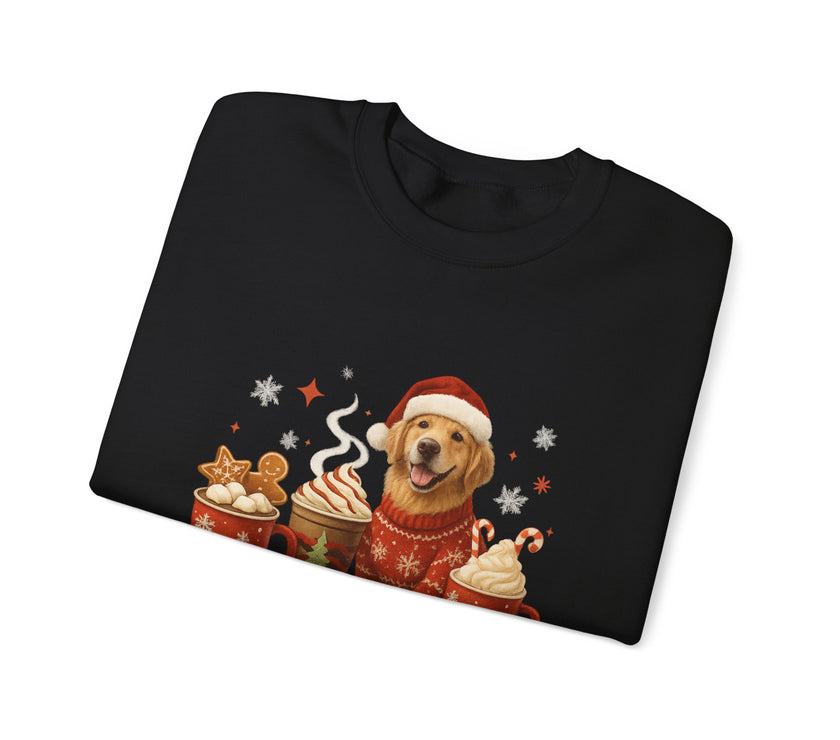 Black sweatshirt with a Christmas-themed design featuring a dog in a sweater and Santa hat.