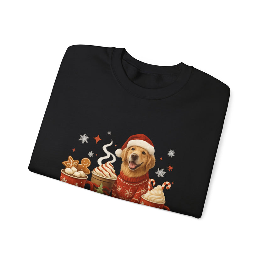 Black sweatshirt with a Christmas-themed design featuring a dog in a sweater and Santa hat.
