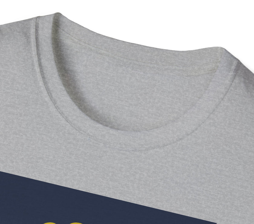 Gray t-shirt with a blue and yellow design on a white background