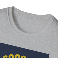 Gray t-shirt with a blue and yellow design on a white background