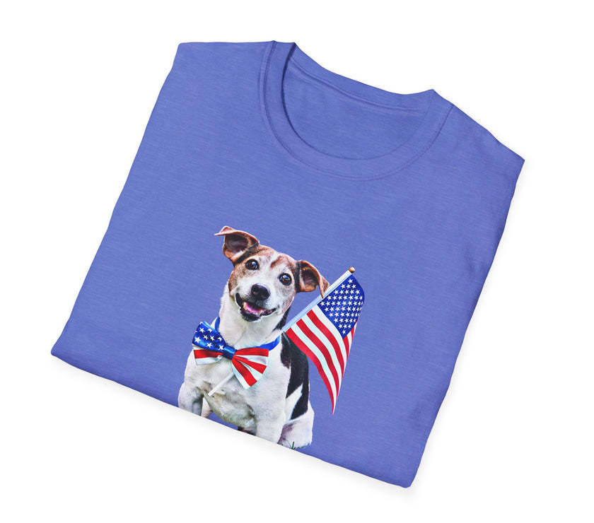Folded T-shirt featuring a cute  puppy wearing an American flag bow tie and holding a small U.S. flag, with the phrase 'Born to Be Free' printed below the image.