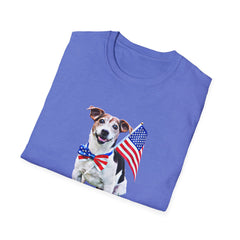 Folded T-shirt featuring a cute  puppy wearing an American flag bow tie and holding a small U.S. flag, with the phrase 'Born to Be Free' printed below the image.