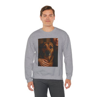 Person wearing a gray sweatshirt with a dog graphic on a white background