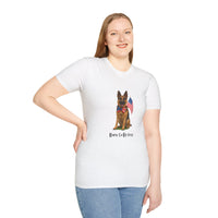 White t-shirt featuring a patriotic German Shepherd wearing an American flag bowtie and holding U.S. flags, with the phrase "Born to Be Free" printed below — perfect for dog lovers and patriotic Americans.