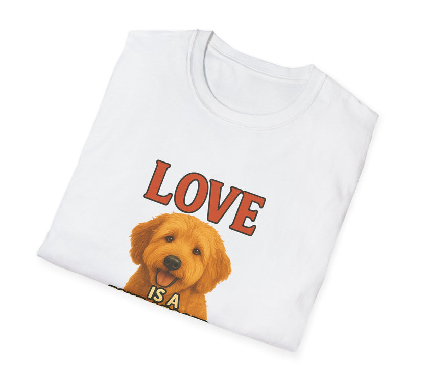 White t-shirt with a dog graphic and 'LOVE IS A' text on a white background