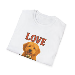 White t-shirt with a dog graphic and 'LOVE IS A' text on a white background