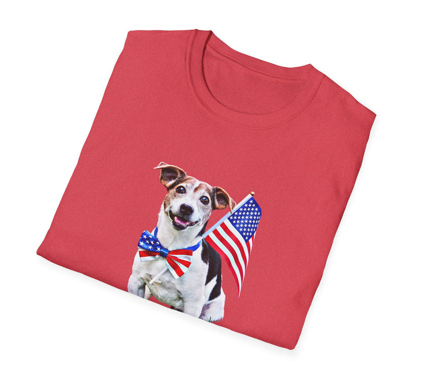 Folded T-shirt featuring a cute  puppy wearing an American flag bow tie and holding a small U.S. flag, with the phrase 'Born to Be Free' printed below the image.