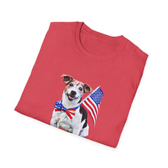 Folded T-shirt featuring a cute  puppy wearing an American flag bow tie and holding a small U.S. flag, with the phrase 'Born to Be Free' printed below the image.
