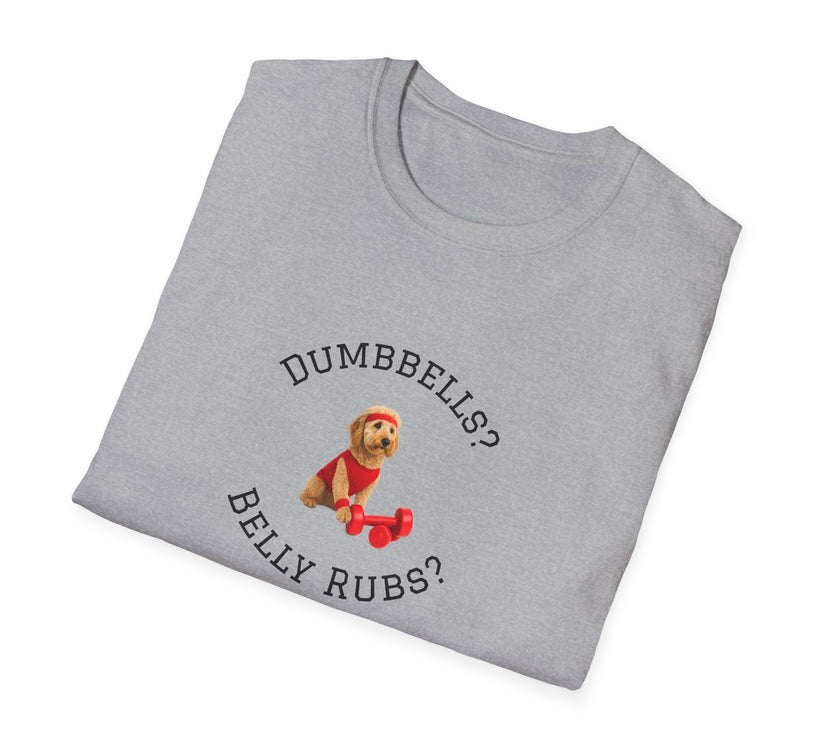 Folded gray t-shirt with a dog graphic and text on a white background