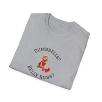 Folded gray t-shirt with a dog graphic and text on a white background
