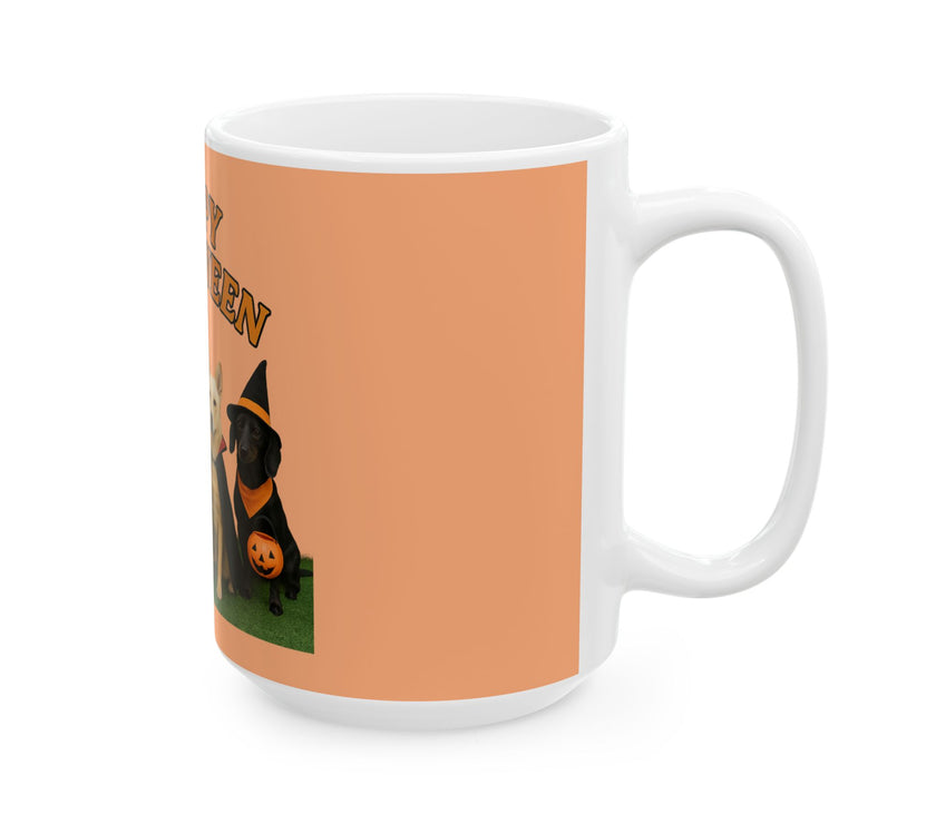 White mug with a Halloween-themed design featuring a dog in a witch hat and pumpkin on an orange background.