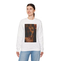 Person wearing a white sweatshirt with a dog graphic on a white background