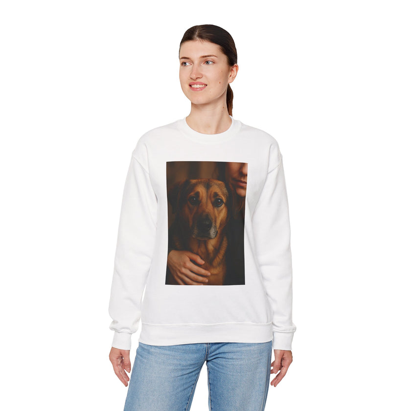 Person wearing a white sweatshirt with a dog graphic on a white background