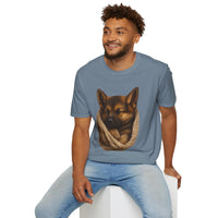 Man wearing a blue t-shirt with a dog graphic on a white background