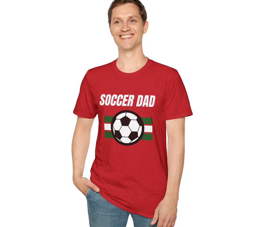Man wearing a red 'Soccer Dad' t-shirt with a soccer ball graphic on a white background