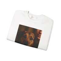 White t-shirt with a printed design of a dog and a person on a white background