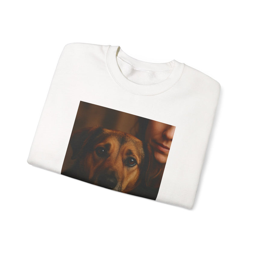 White t-shirt with a printed design of a dog and a person on a white background