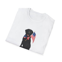 White t-shirt featuring a patriotic Black Lab wearing an American flag bowtie and holding U.S. flags, with the Black Labphrase "Born to Be Free" printed below — perfect for dog lovers and patriotic Americans.