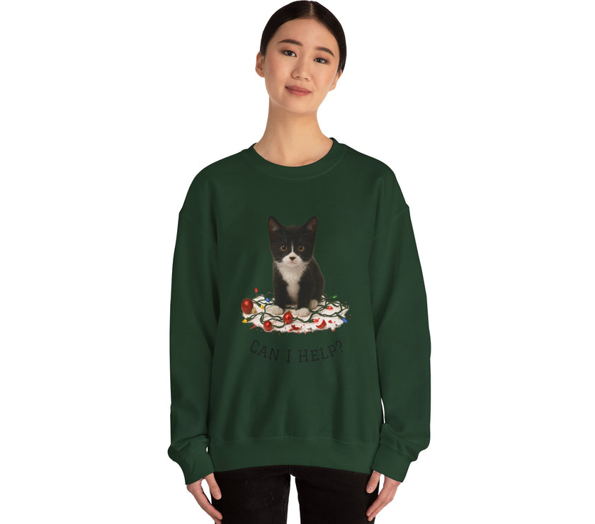 Person wearing a green sweatshirt with a cat graphic and text on a white background