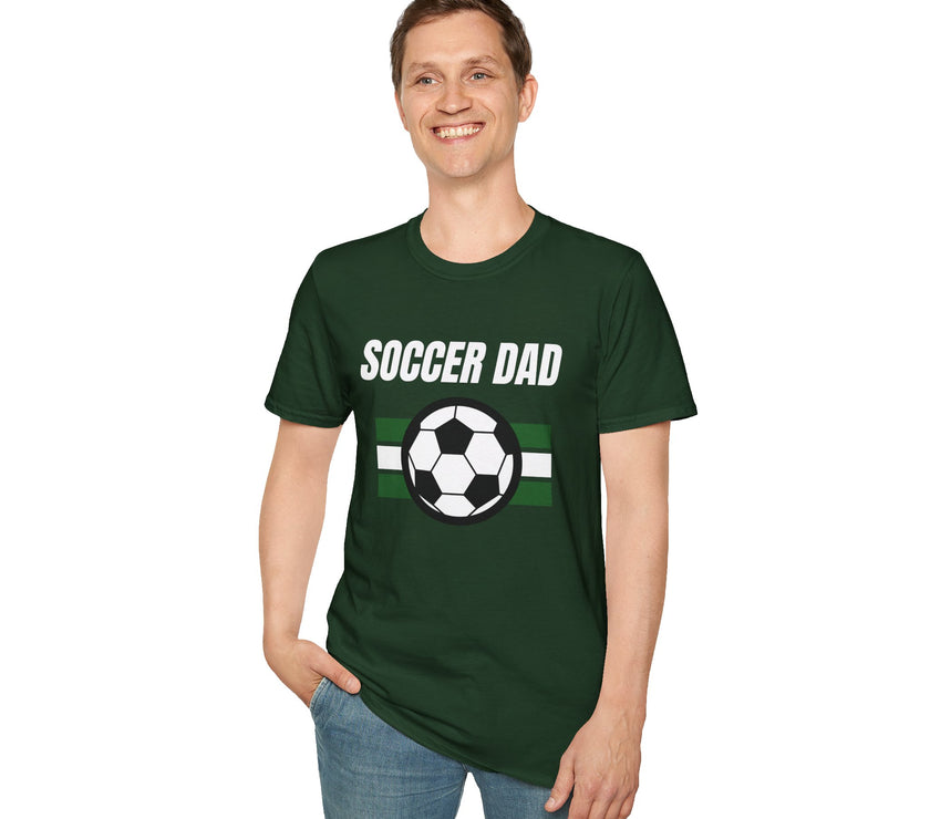Man wearing a green 'Soccer Dad' t-shirt with a soccer ball graphic on a white background