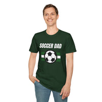 Man wearing a green 'Soccer Dad' t-shirt with a soccer ball graphic on a white background