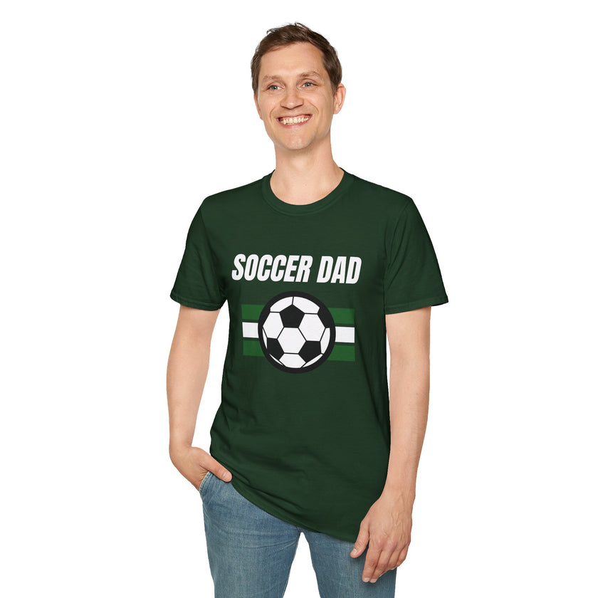 Man wearing a green 'Soccer Dad' t-shirt with a soccer ball graphic on a white background