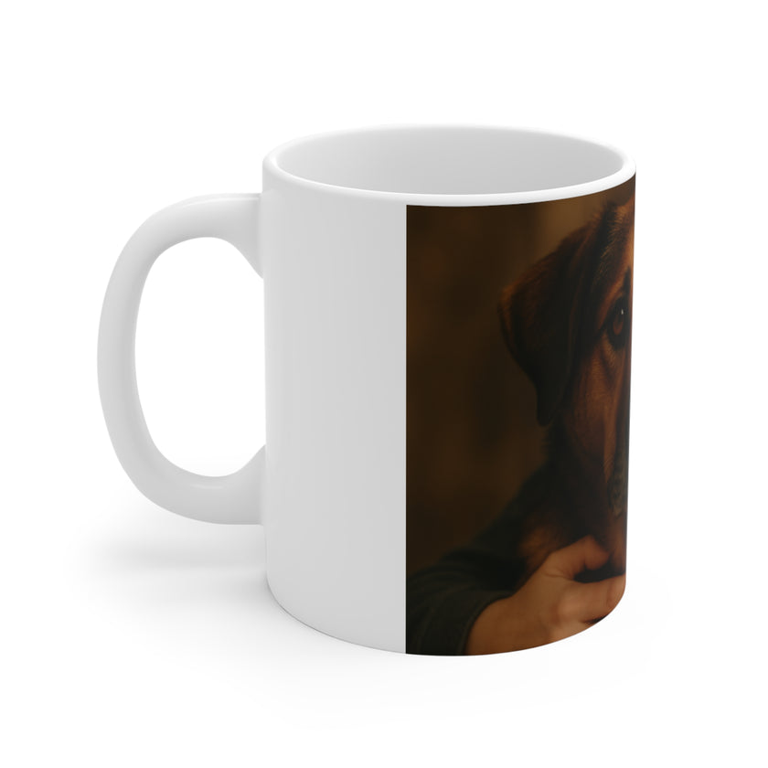 White mug with a black and brown abstract design on a white background