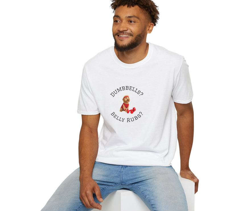 Man wearing a white t-shirt with a graphic design sitting on a white stool against a white background