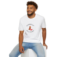 Man wearing a white t-shirt with a graphic design sitting on a white stool against a white background