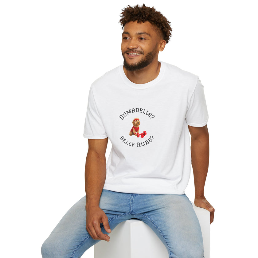Man wearing a white t-shirt with a graphic design sitting on a white stool against a white background