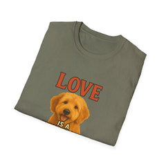 Folded t-shirt with a dog graphic and 'LOVE IS A' text on a white background