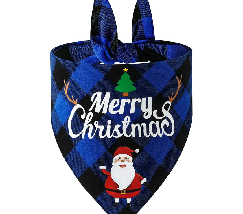 Blue checkered dog bandana with Santa Claus and Christmas tree design on a white background
