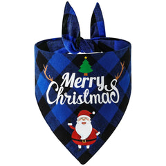 Blue checkered dog bandana with Santa Claus and Christmas tree design on a white background