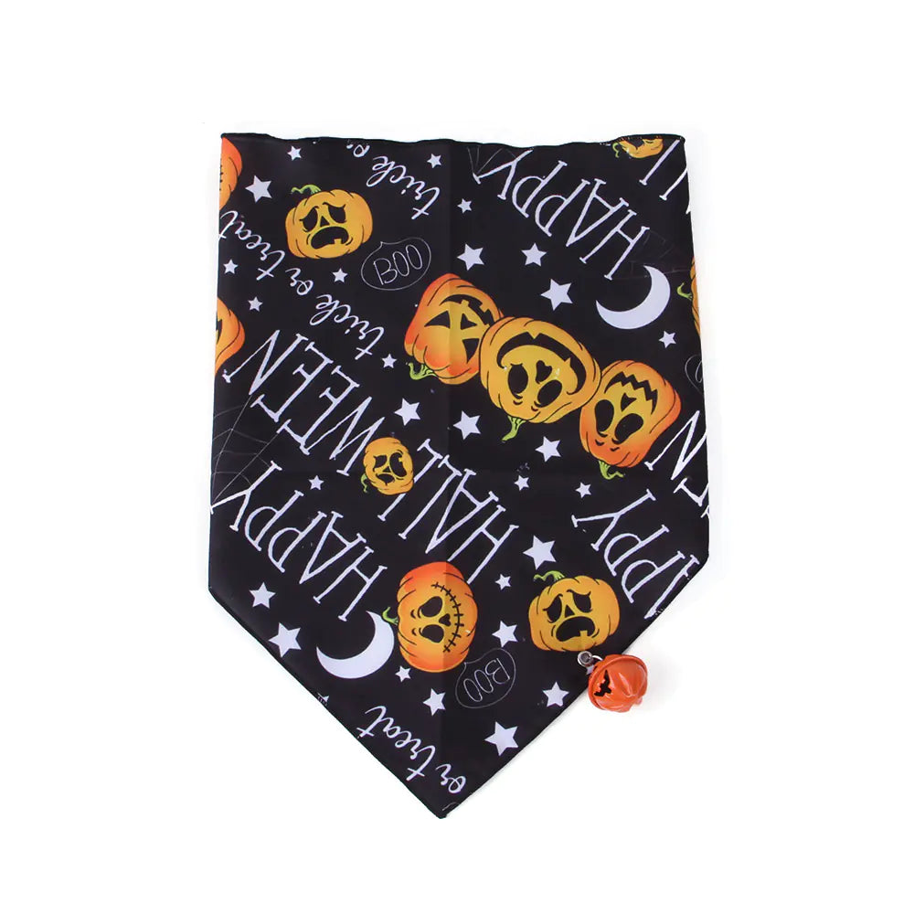 Halloween-themed bandana with pumpkins and text on a black background