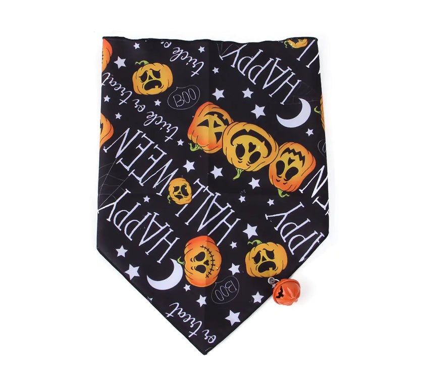 Halloween-themed bandana with pumpkins and text on a black background