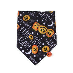 Halloween-themed bandana with pumpkins and text on a black background