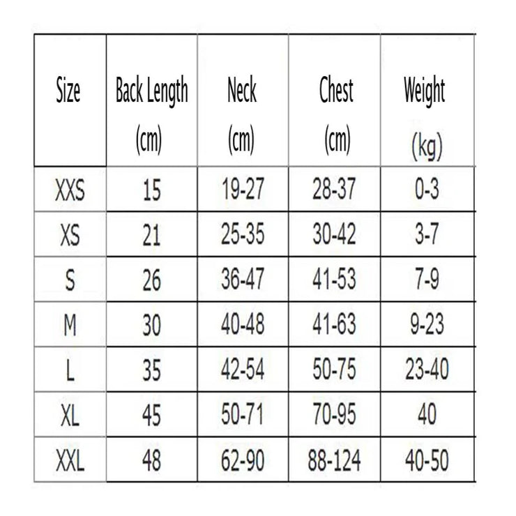 size chart for dog life vest