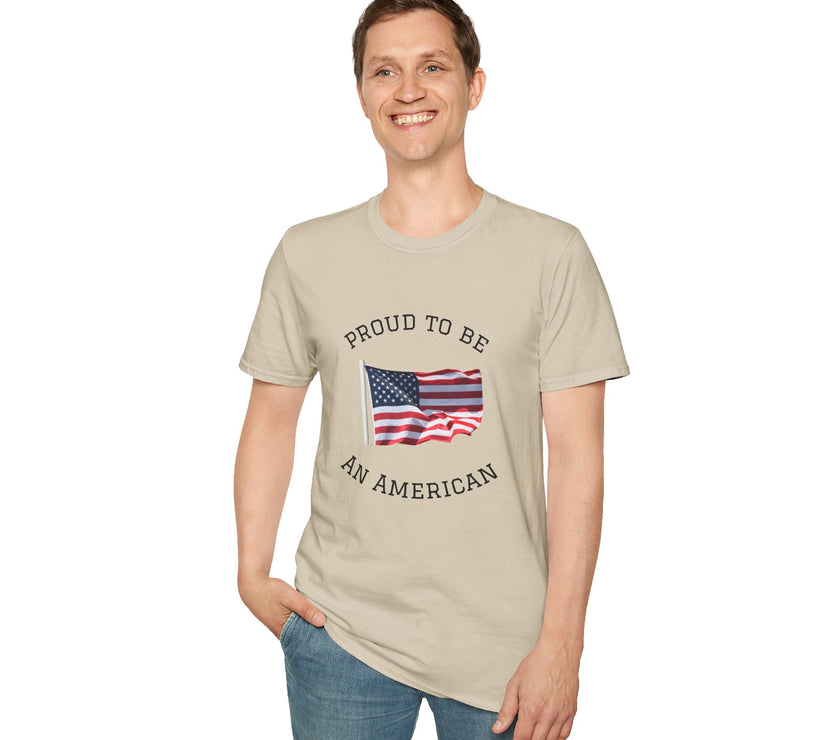 Young man  wearing a white t-shirt with an American flag graphic and the words 'Proud to Be an American' printed around the flag