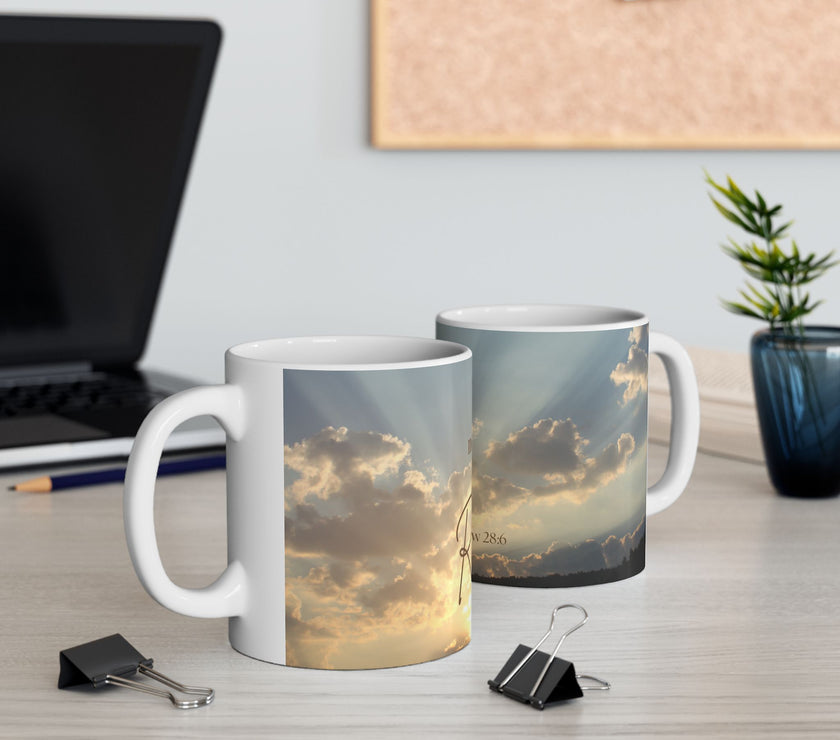 Morning Blessings Mug – Christian Ceramic Coffee Cup witn message  “He is not here; he has Risen – Matthew 28:6” ceramic mug.