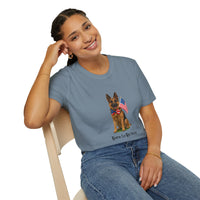 Stone Blue t-shirt featuring a patriotic German Shepherd wearing an American flag bowtie and holding U.S. flags, with the phrase "Born to Be Free" printed below — perfect for dog lovers and patriotic Americans.