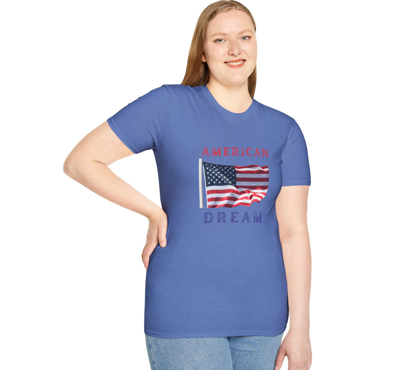 Female wearing T-shirt featuring an American flag graphic with the words 'AMERICAN DREAM' in red and blue text above and below the flag