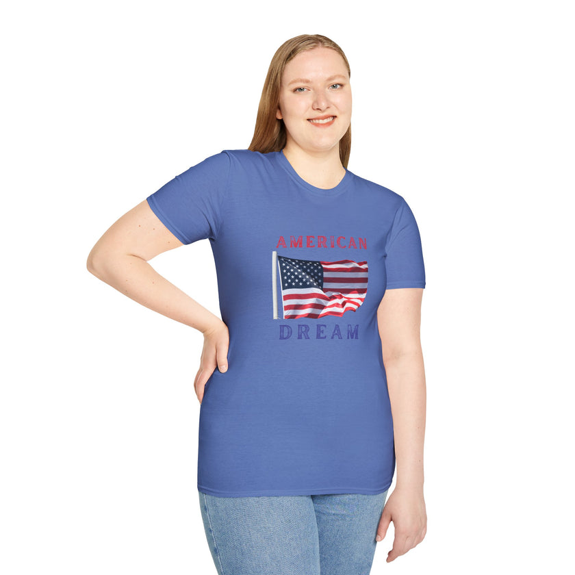 Female wearing T-shirt featuring an American flag graphic with the words 'AMERICAN DREAM' in red and blue text above and below the flag
