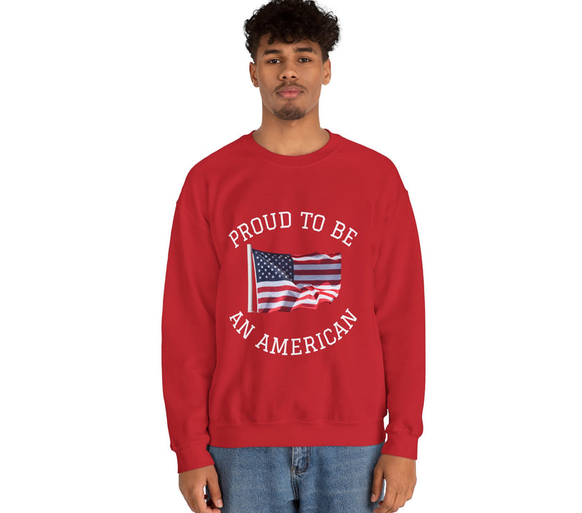 Person wearing a red sweatshirt with 'Proud to be an American' text and flag design on a white background
