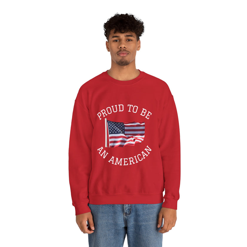 Person wearing a red sweatshirt with 'Proud to be an American' text and flag design on a white background