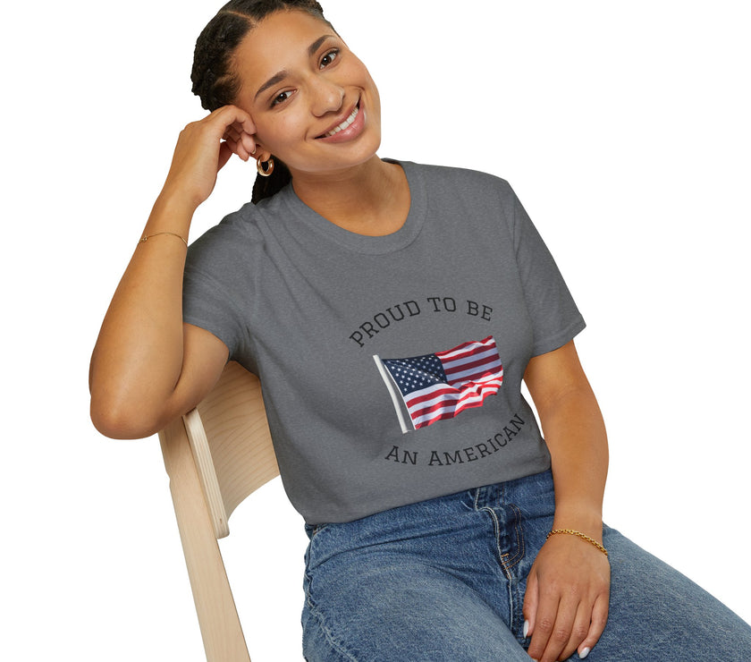 Smiling woman  wearing a white t-shirt with an American flag graphic and the words 'Proud to Be an American' printed around the flag