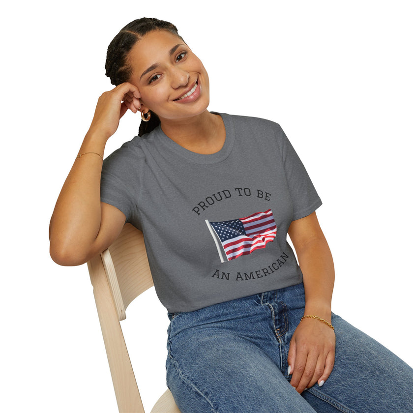 Smiling woman  wearing a white t-shirt with an American flag graphic and the words 'Proud to Be an American' printed around the flag
