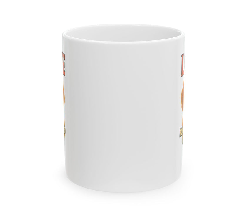 White mug with a small design on a white background