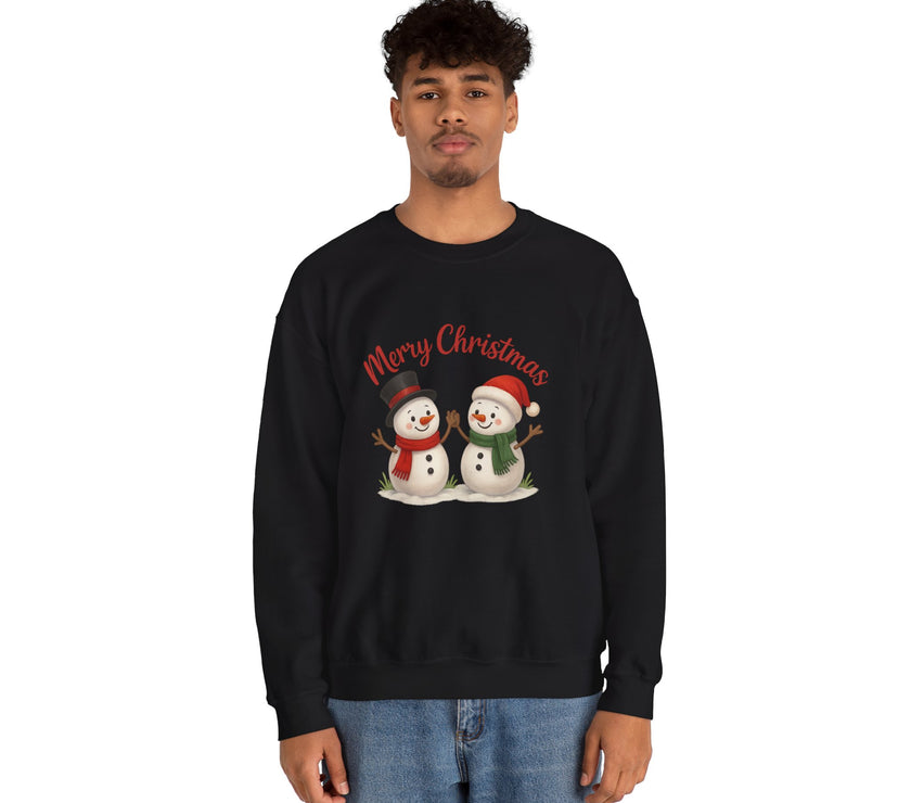 Person wearing a black sweatshirt with Christmas-themed design on a white background
