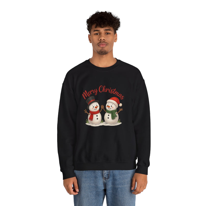 Person wearing a black sweatshirt with Christmas-themed design on a white background